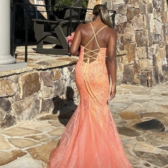 Beautiful prom/formal dress.  Like new. Worn once. Orange/ coral color dress. - Picture 3 of 5